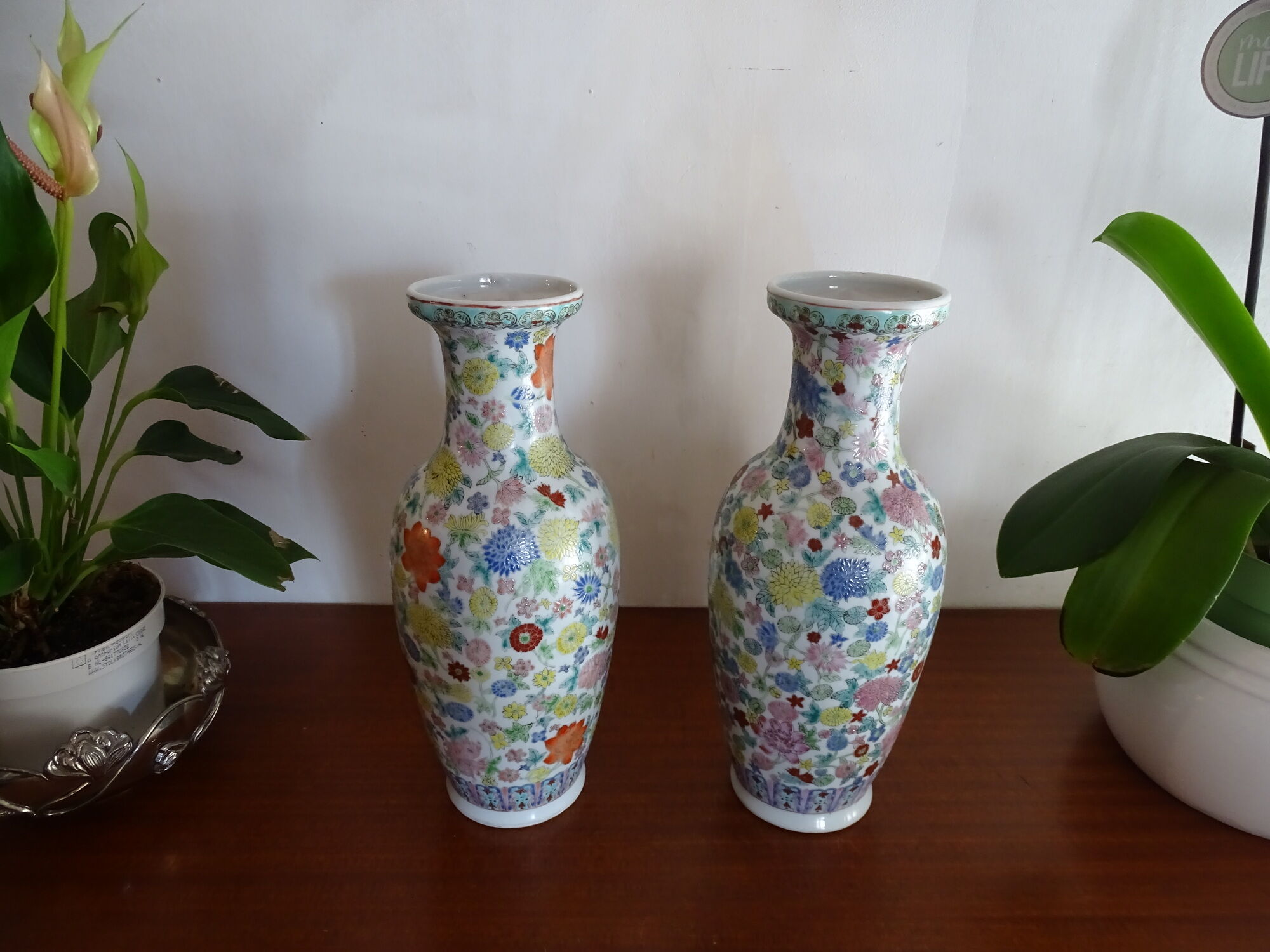 Pair of Chinese thousand flower vases - 20th century pink family period - 31 cm