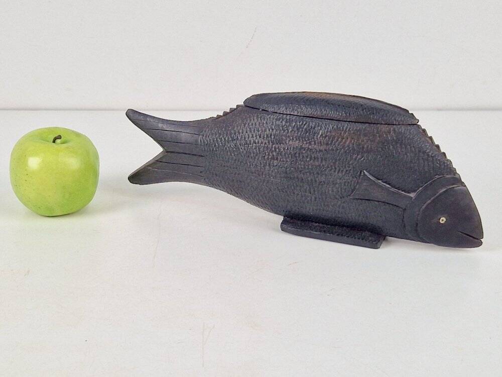 Vintage African Fish Storage Container in Hand-Carved Ebony, 1950s