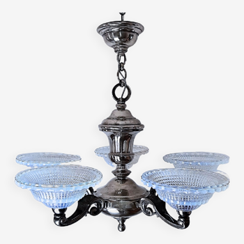 Art deco chandelier with 5 opalescent glass cups from ezan