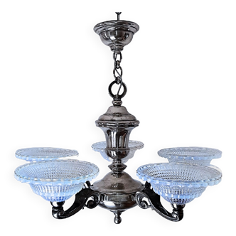 Art deco chandelier with 5 opalescent glass cups from ezan