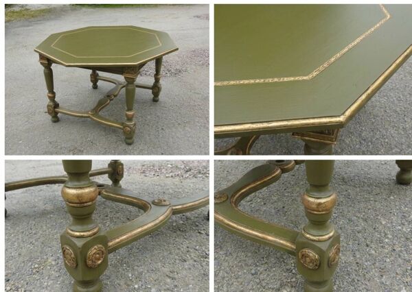 Table Octogonale style Louis XIII– Relooking Signature Vert Olive & Or