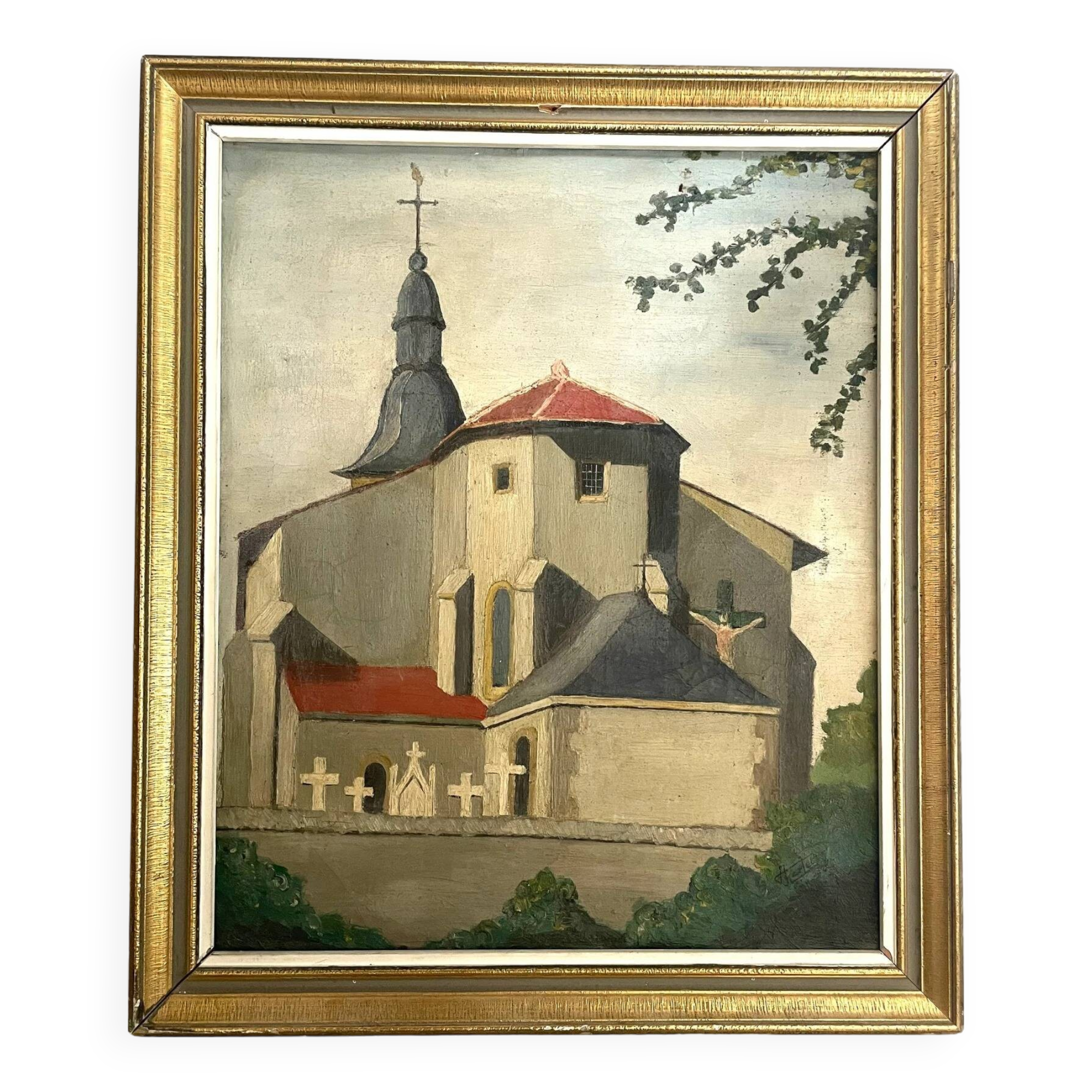 Mid Century Post Impressionist French Country Church Painting, Framed