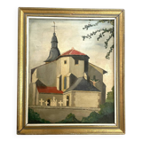 Mid Century Post Impressionist French Country Church Painting, Framed