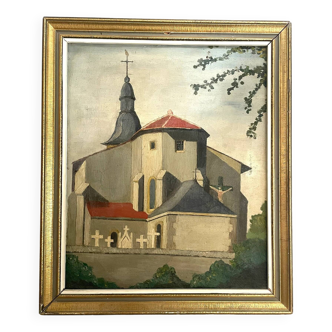 Mid Century Post Impressionist French Country Church Painting, Framed