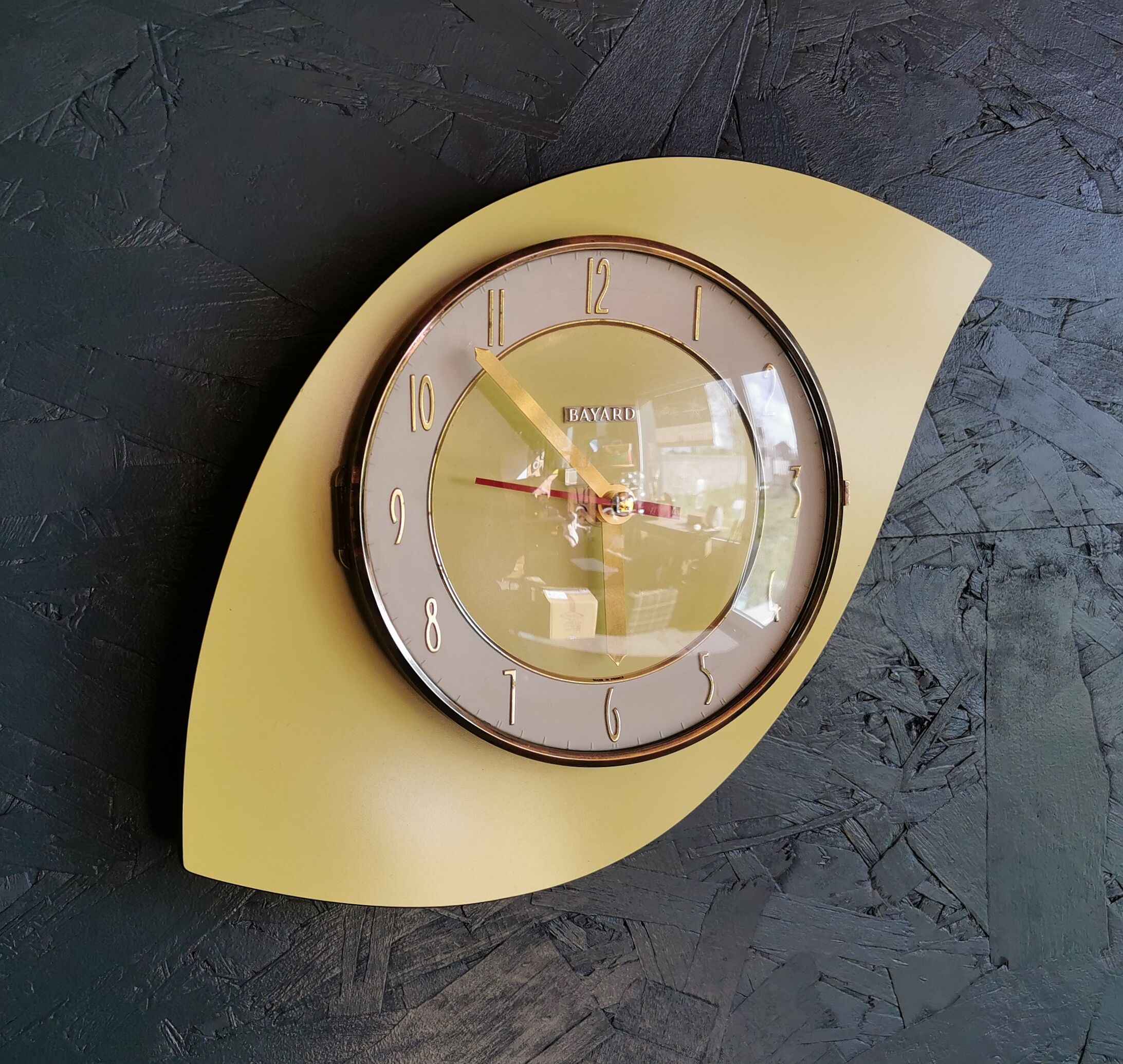 Vintage formica clock asymmetrical silent wall clock "Bayard yellow"
