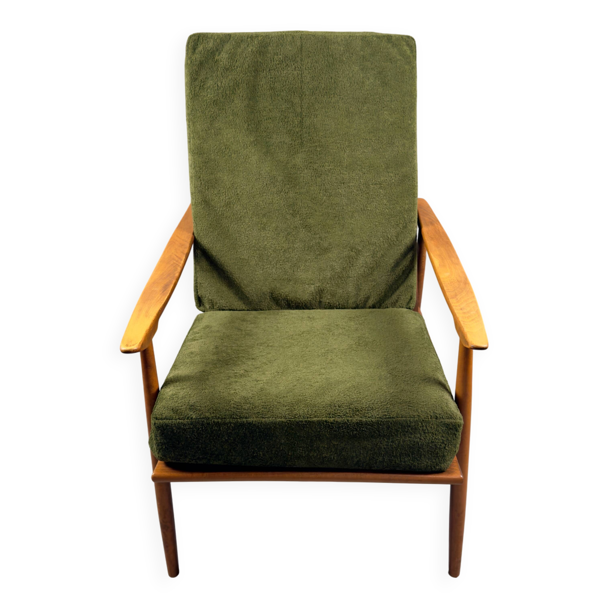 Fauteuil scandinave – revêtement vert, bois de hêtre, vintage