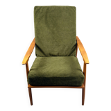 Fauteuil scandinave – revêtement vert, bois de hêtre, vintage
