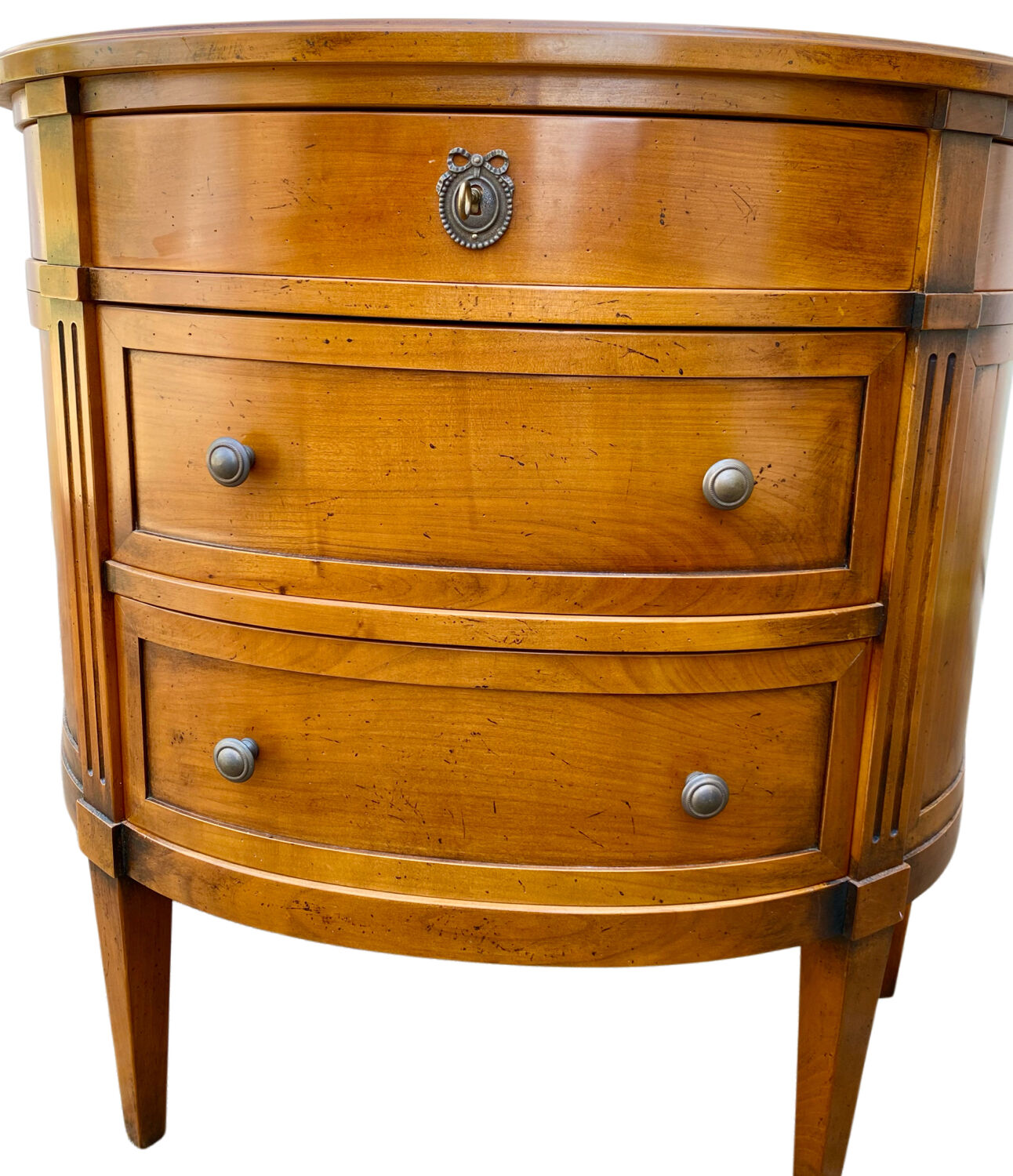Commode demi-lune 3 tiroirs en merisier style Louis XVI
