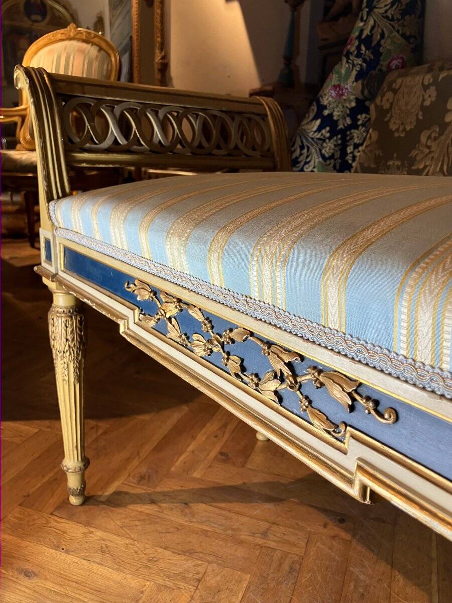 Set of Louis XVI Parcel Gilt Benches in Cream and Blue Lacquer