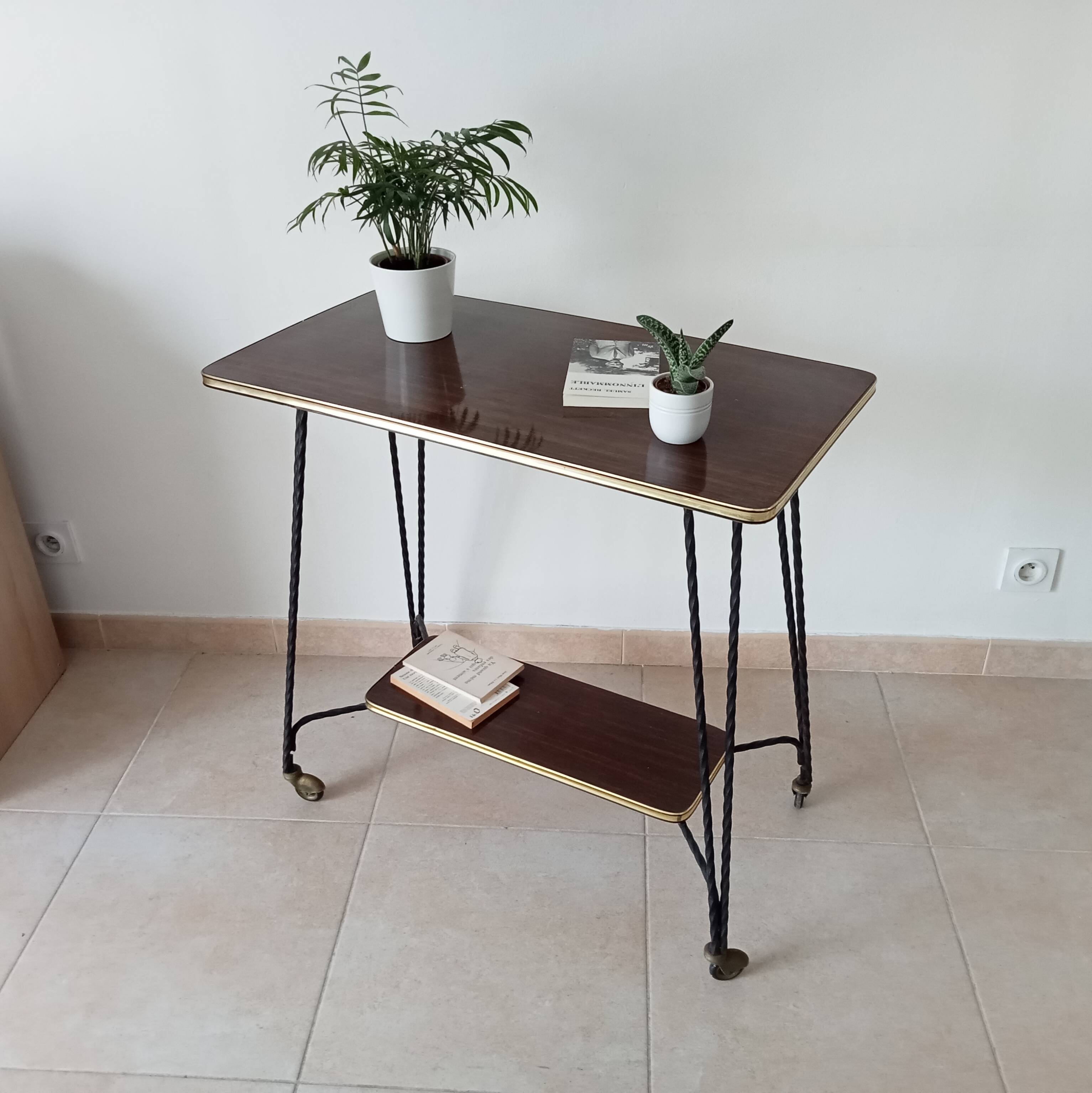 Vintage Formica and wrought iron rolling dessert trolley/side table.