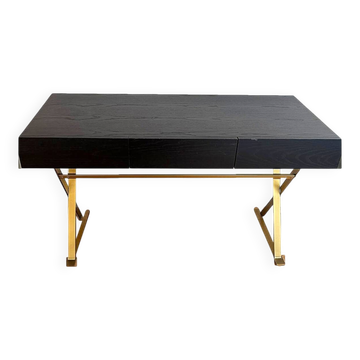 Console desk NV Gallery black wood and brass, 3 drawers.