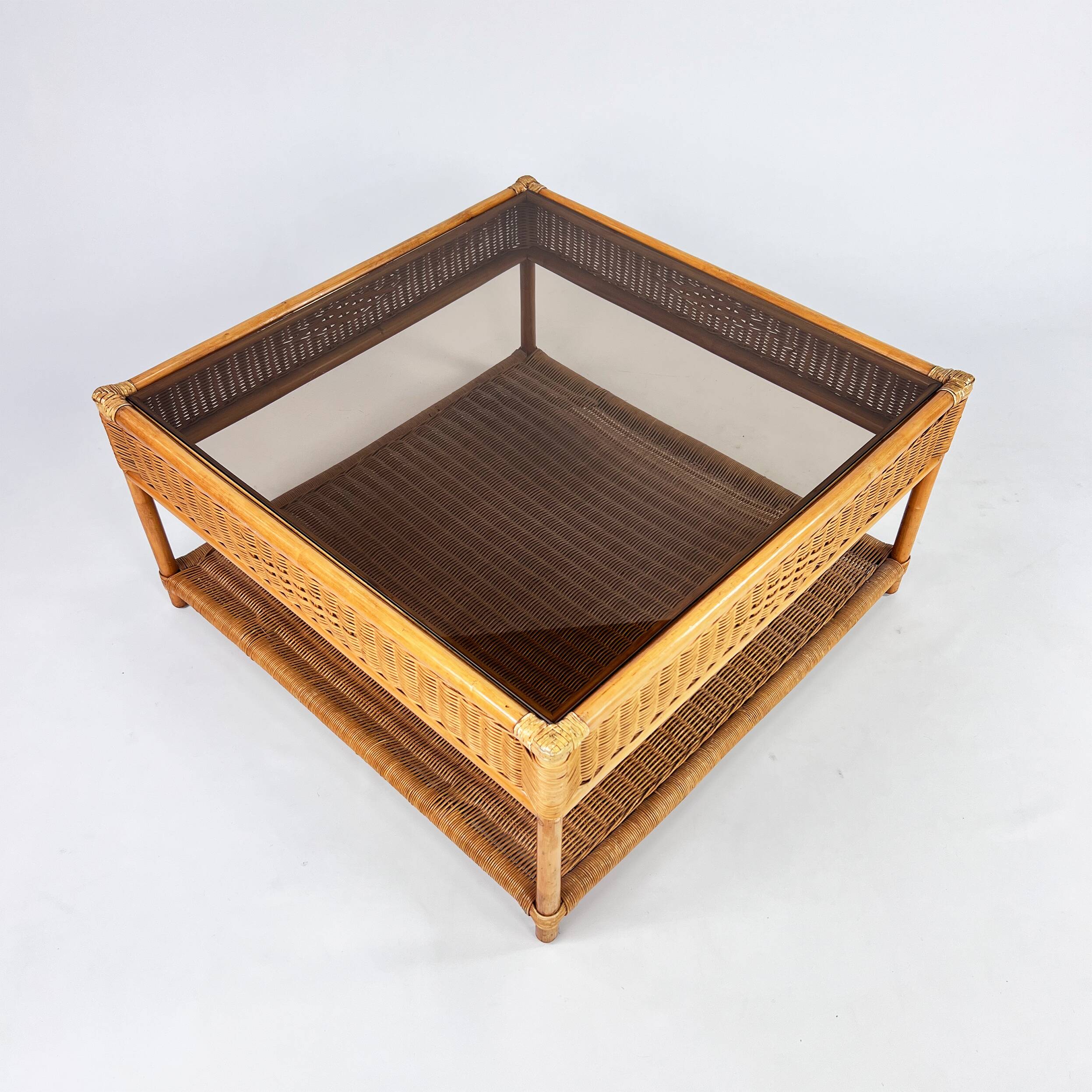 Bamboo and rattan coffee table with smoked glass top, 1970s