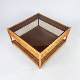 Table basse en bambou et rotin avec plateau en verre fumé, 1970s