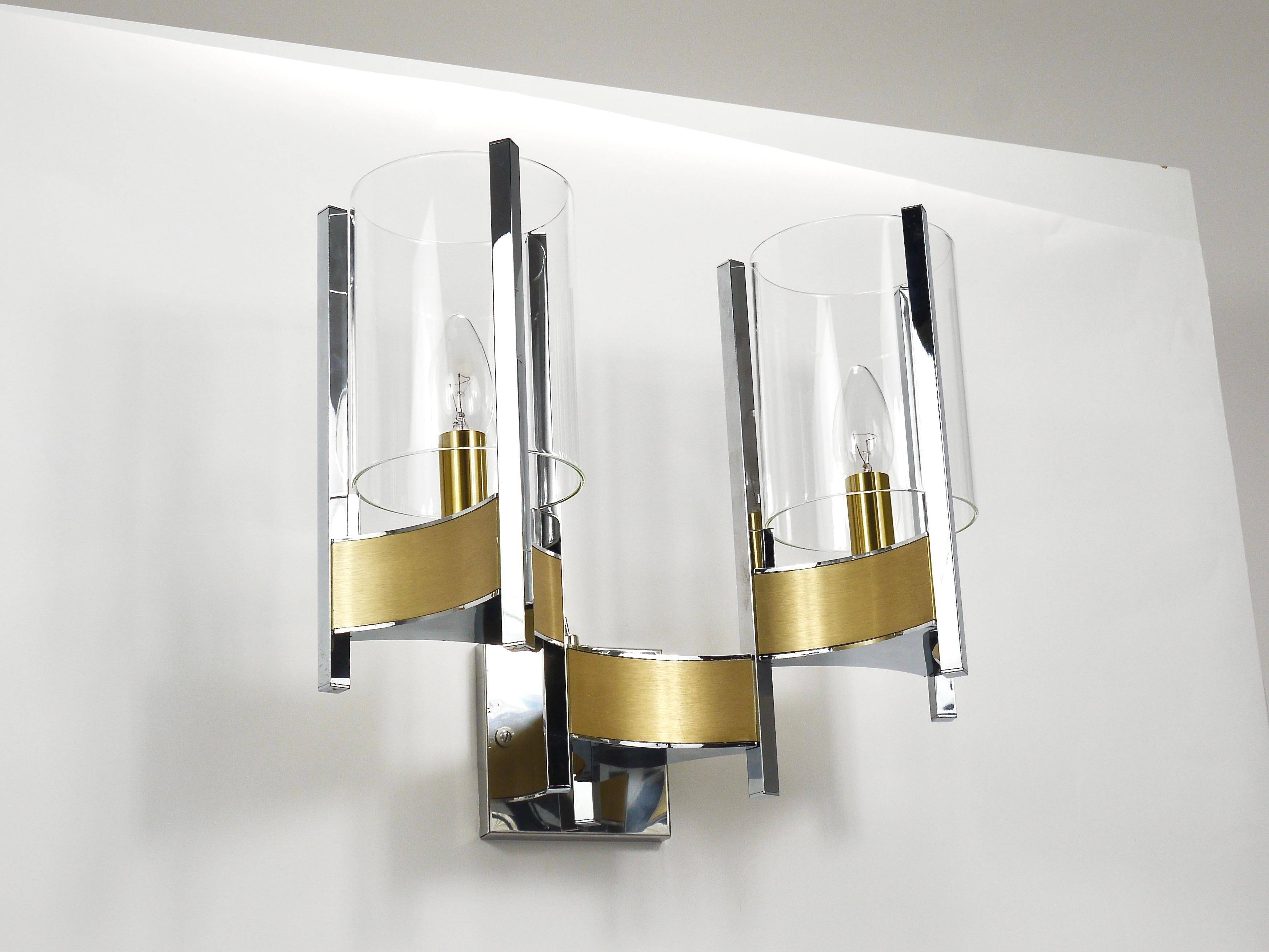 Gaetano Sciolari Large Wall Sconces / Sconces, Chrome, Brass, Glass, 1970s