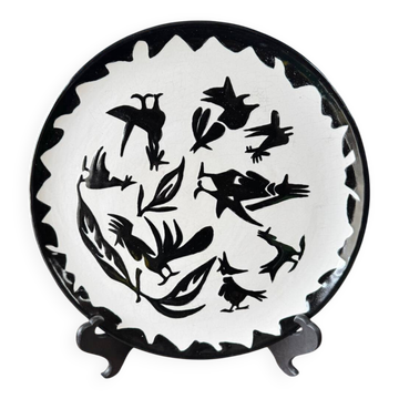 Grand plat céramique J.Lurçat décor zoomorphe noir sur fond blanc