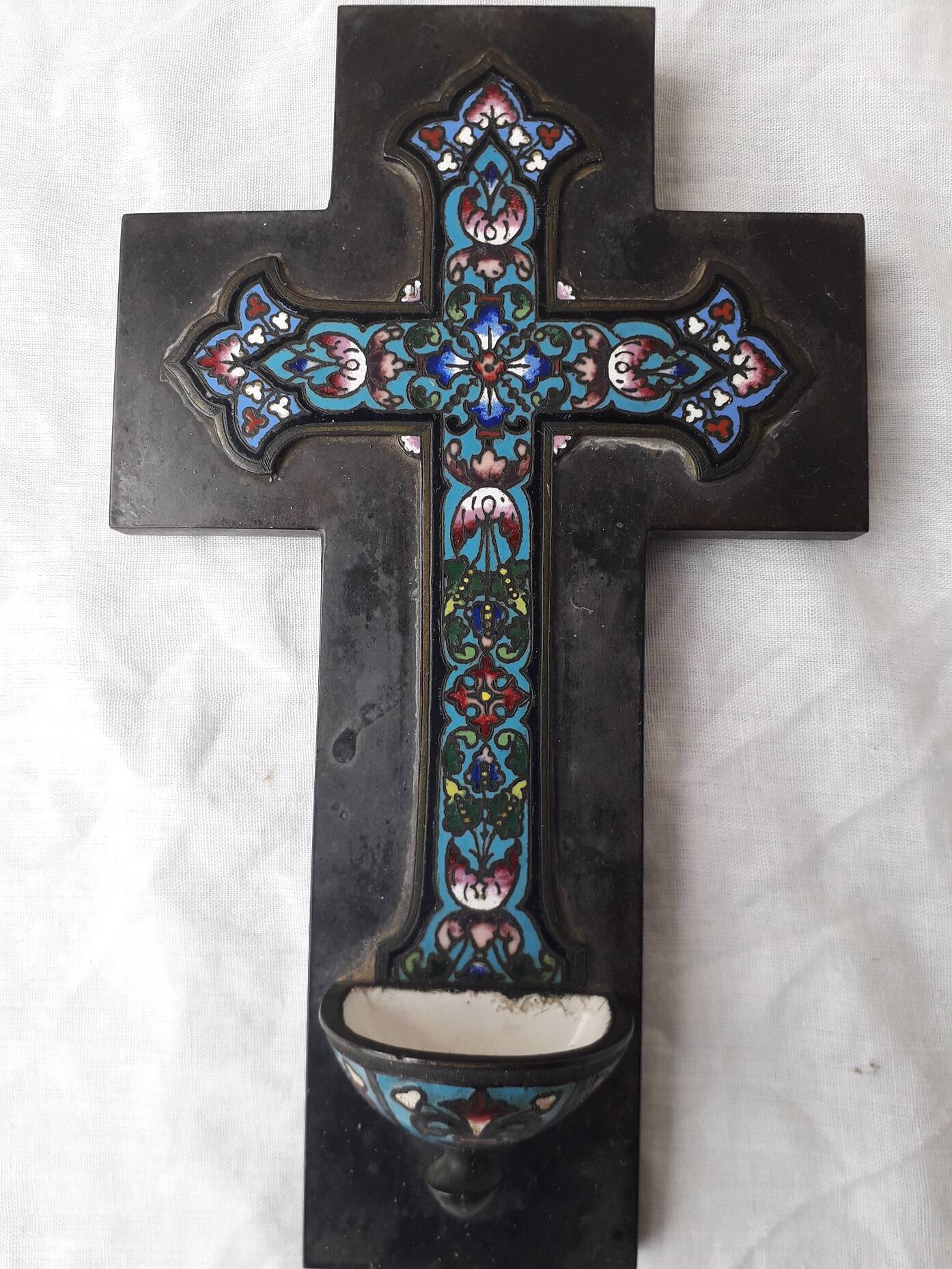 Cloisonné enamel cross holy water font