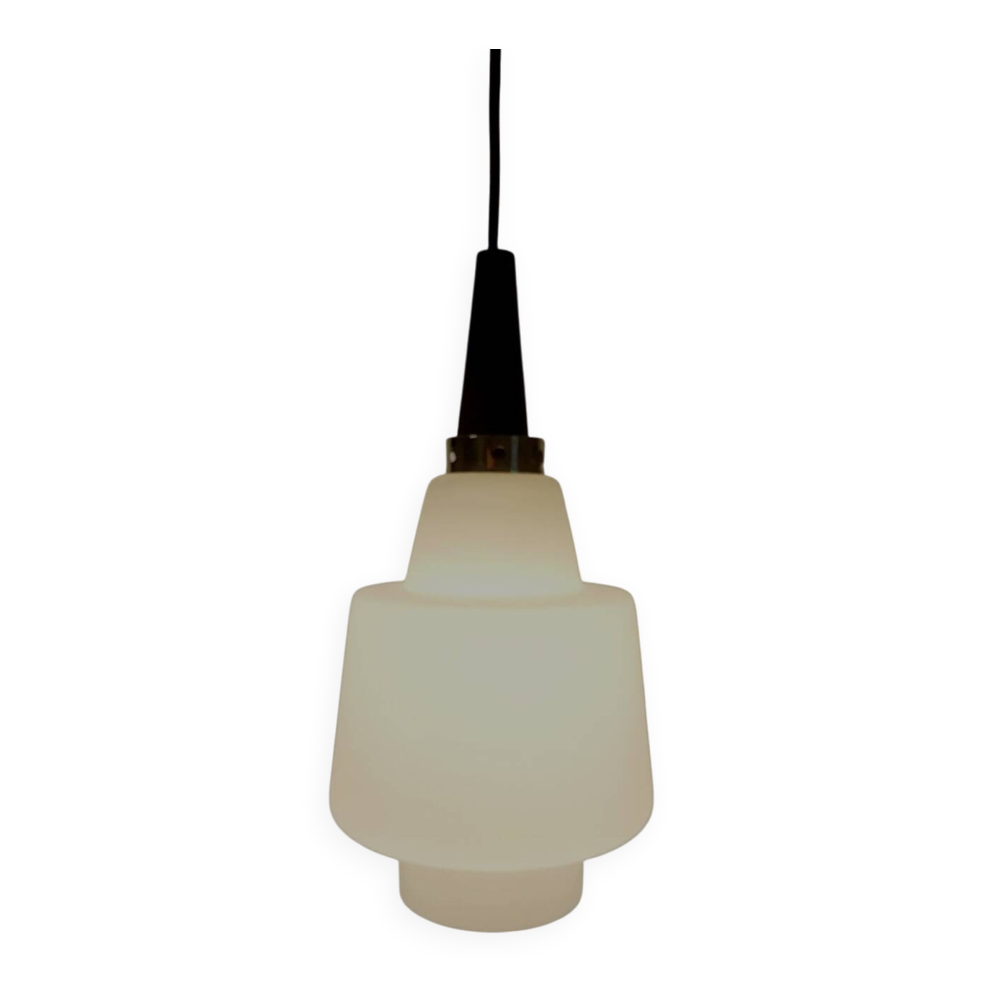 Scandinavian pendant light in opaline and teak, around 1960.