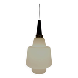Scandinavian pendant light in opaline and teak, around 1960.