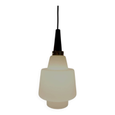 Scandinavian pendant light in opaline and teak, circa 1960.