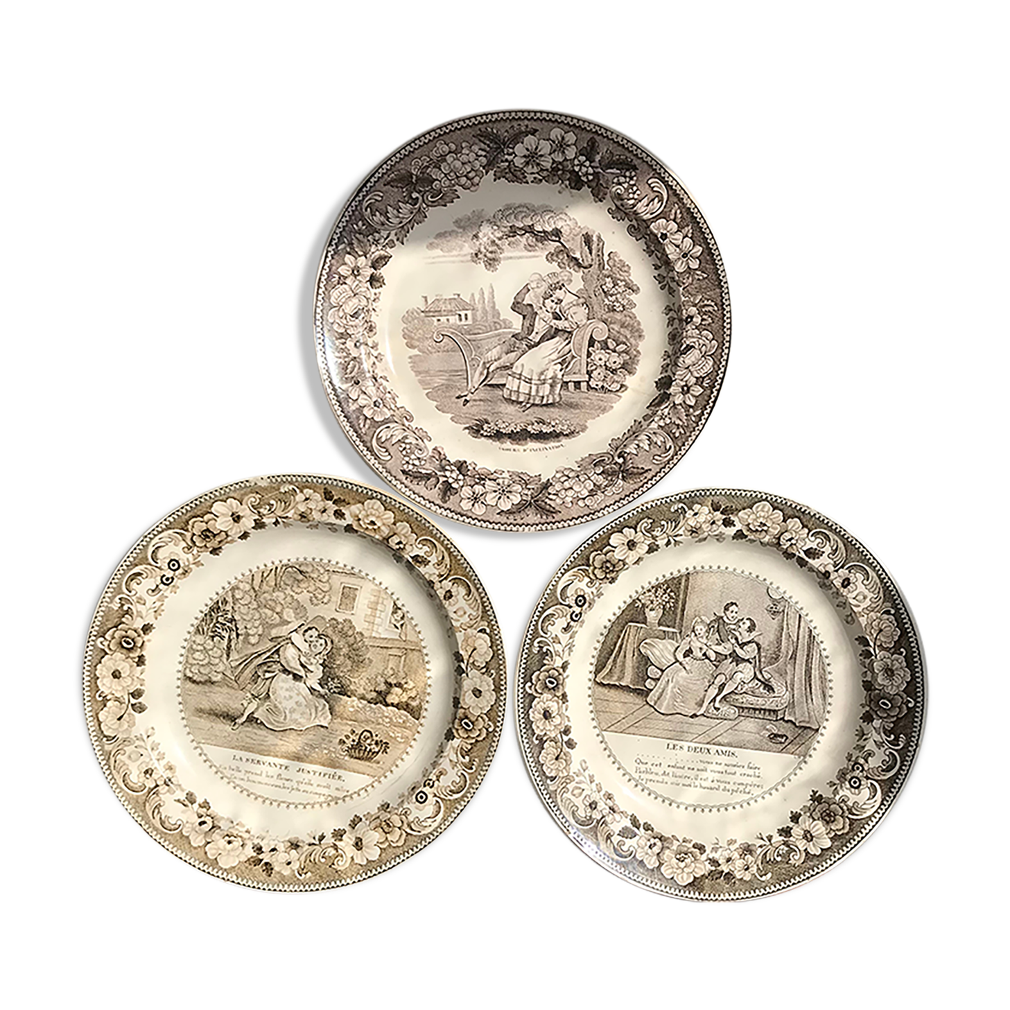 Set of 3 talking plates in Montereau earthenware "Louis Lebeuf Montereau"