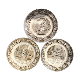 Set of 3 talking plates in Montereau earthenware "Louis Lebeuf Montereau"