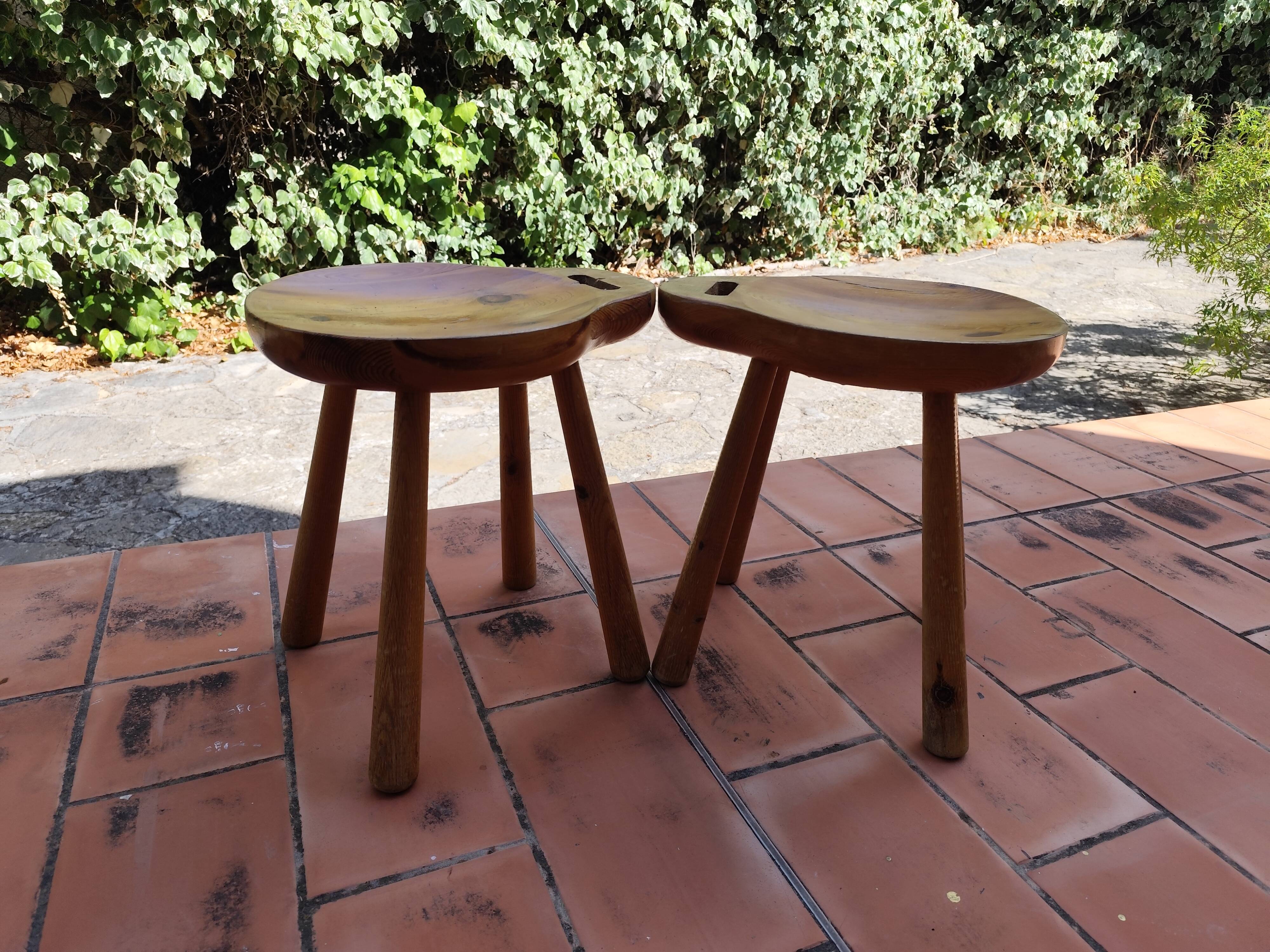 Pair of vintage 1960s solid pine ovoid Scandinavian stools