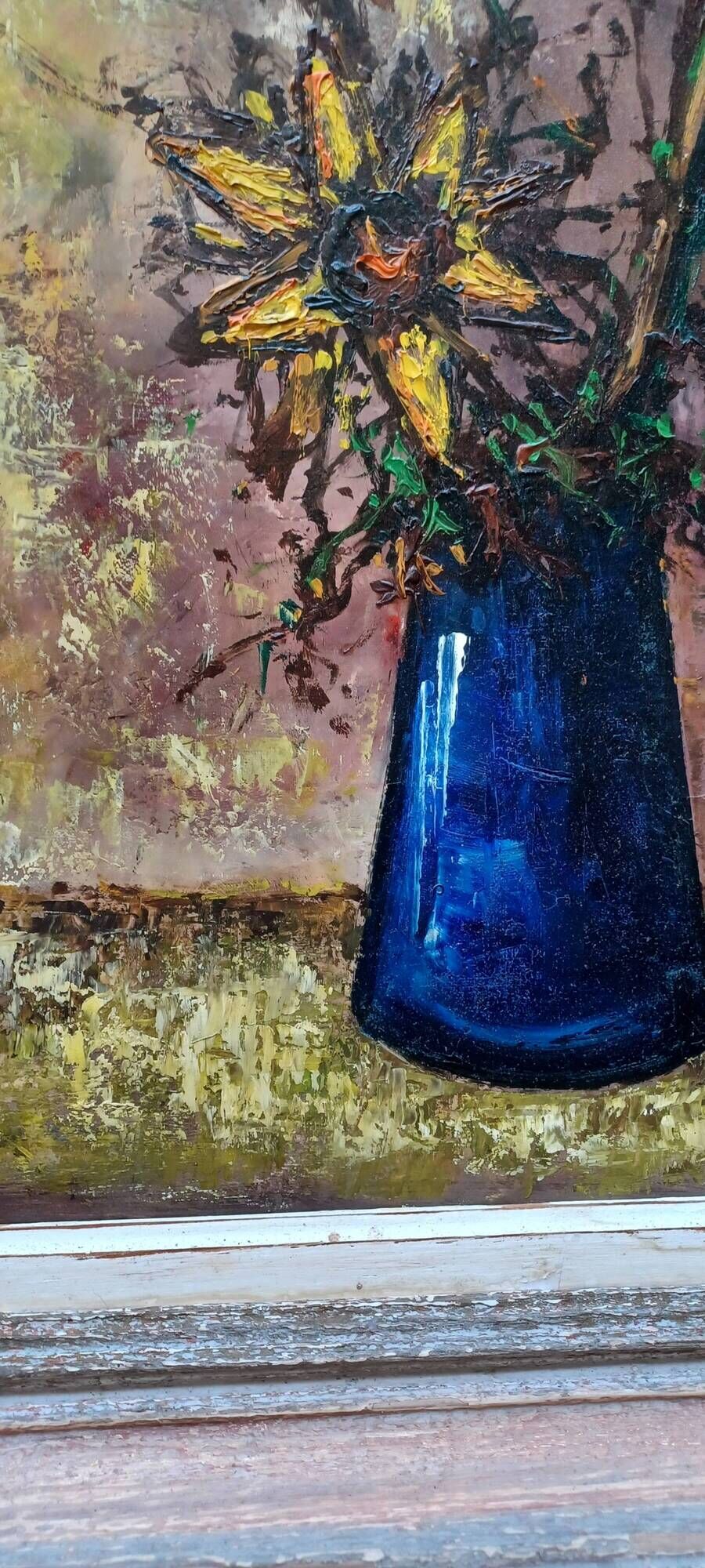 Bouquet de fleurs expressionniste dans un vase bleu vers 1960; 1970