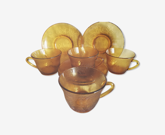 4 tasses à café vintage en verre jaune gravé fleurs