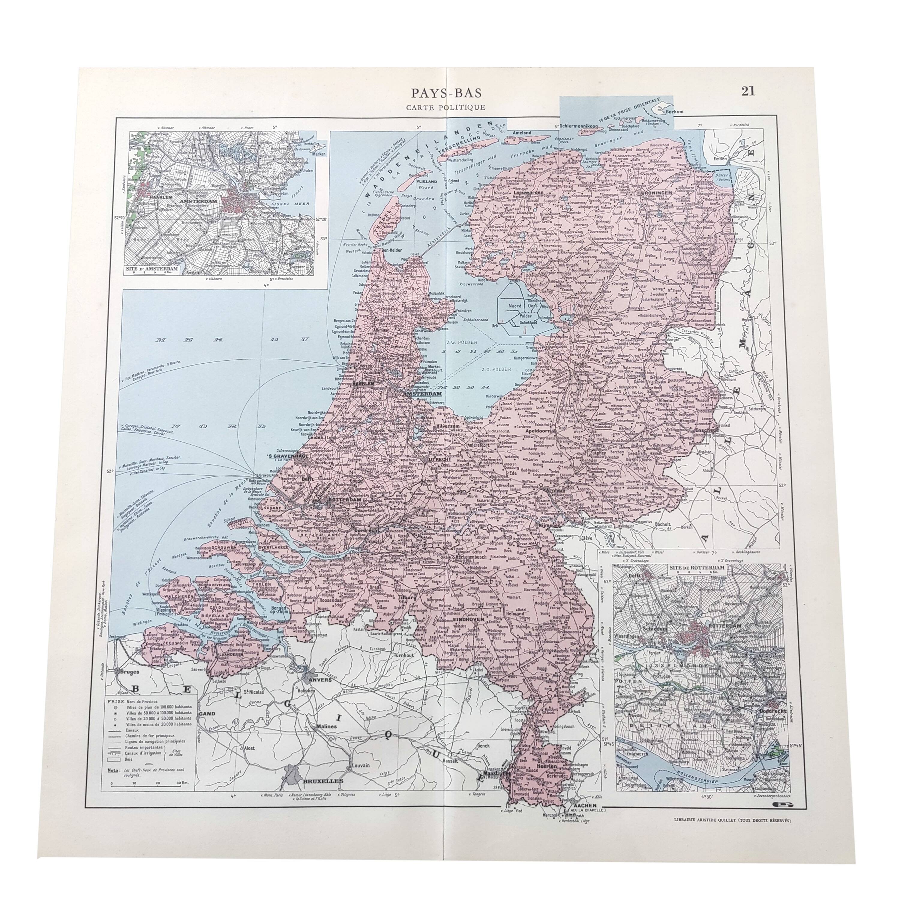 Map of the Netherlands Amsterdam Rotterdam 43x43cm from 1950