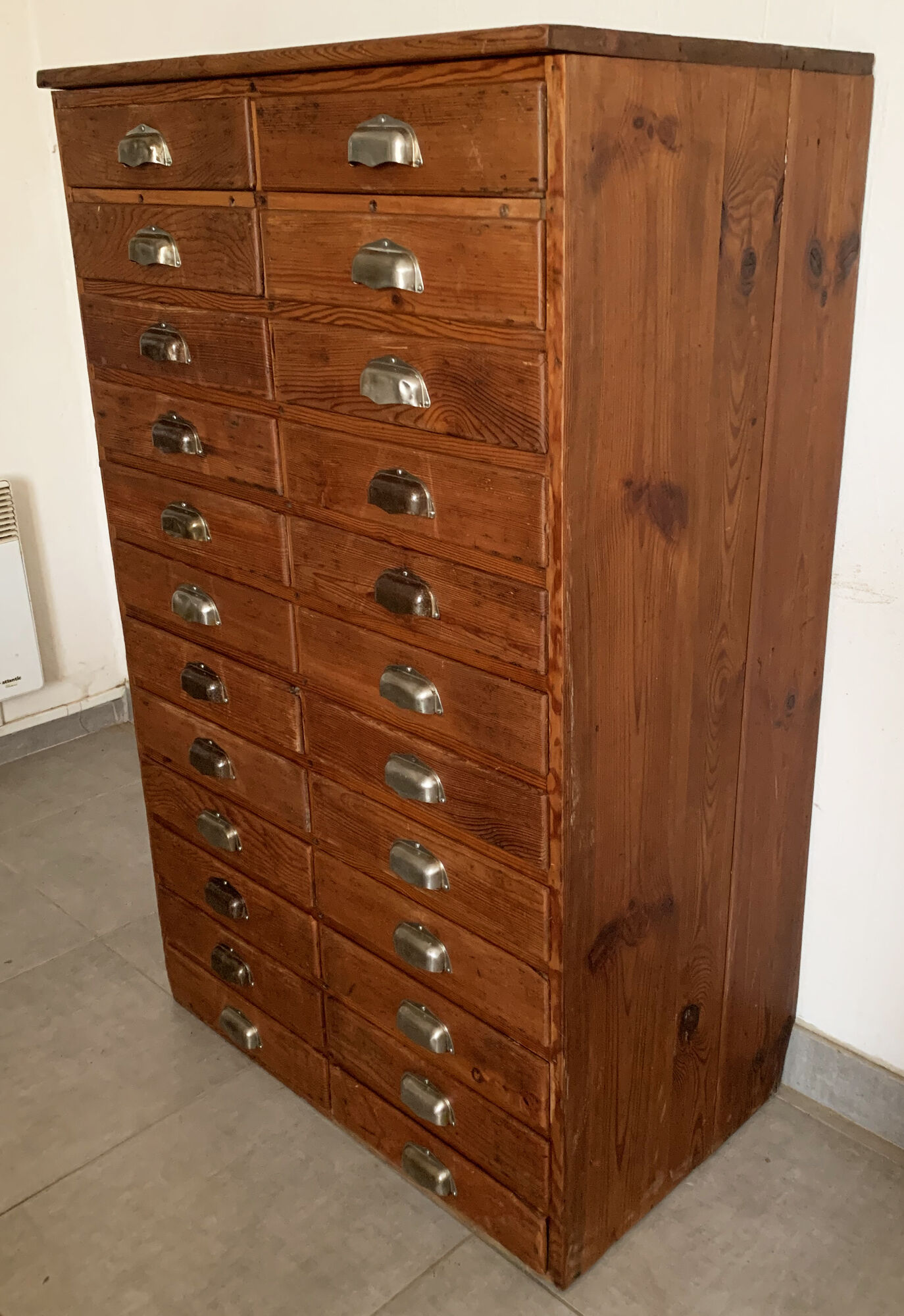 Old apothecary trade furniture in vintage wood 24 drawers.