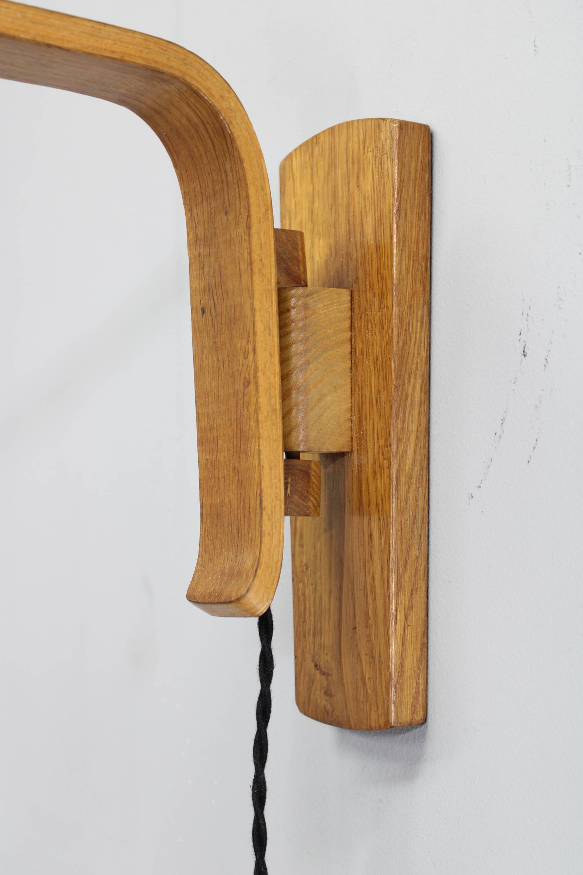 Adjustable oak and wicker wall lamp, Czechoslovakia, 1970s