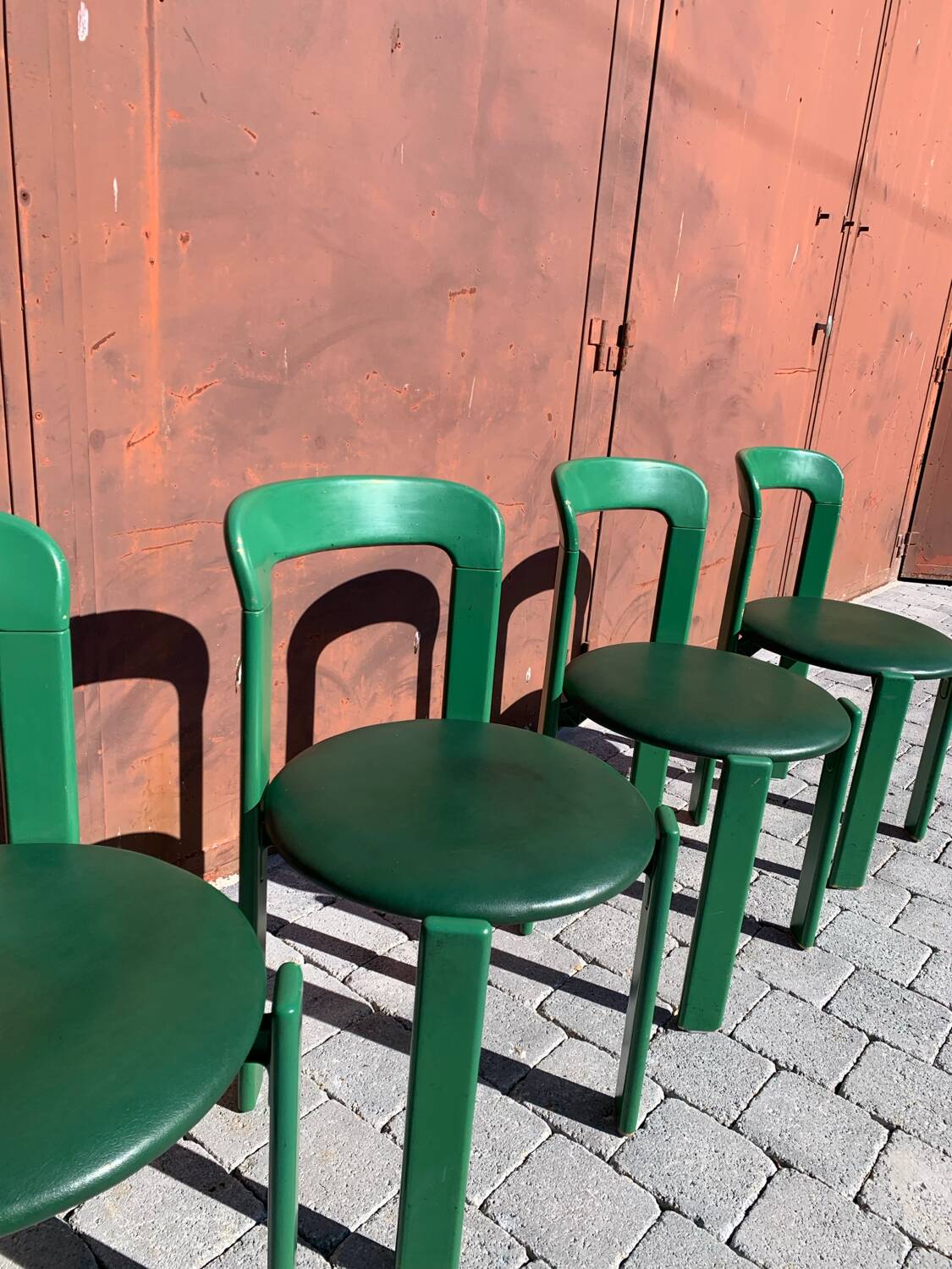 6 Bruno Rey Kush & co Green Stackable Chairs Circa 1970