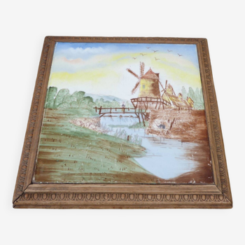 Trivet 1900 Art Nouveau earthenware tile with wooden surround