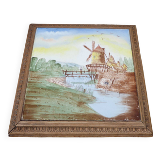 Trivet 1900 Art Nouveau earthenware tile with wooden surround