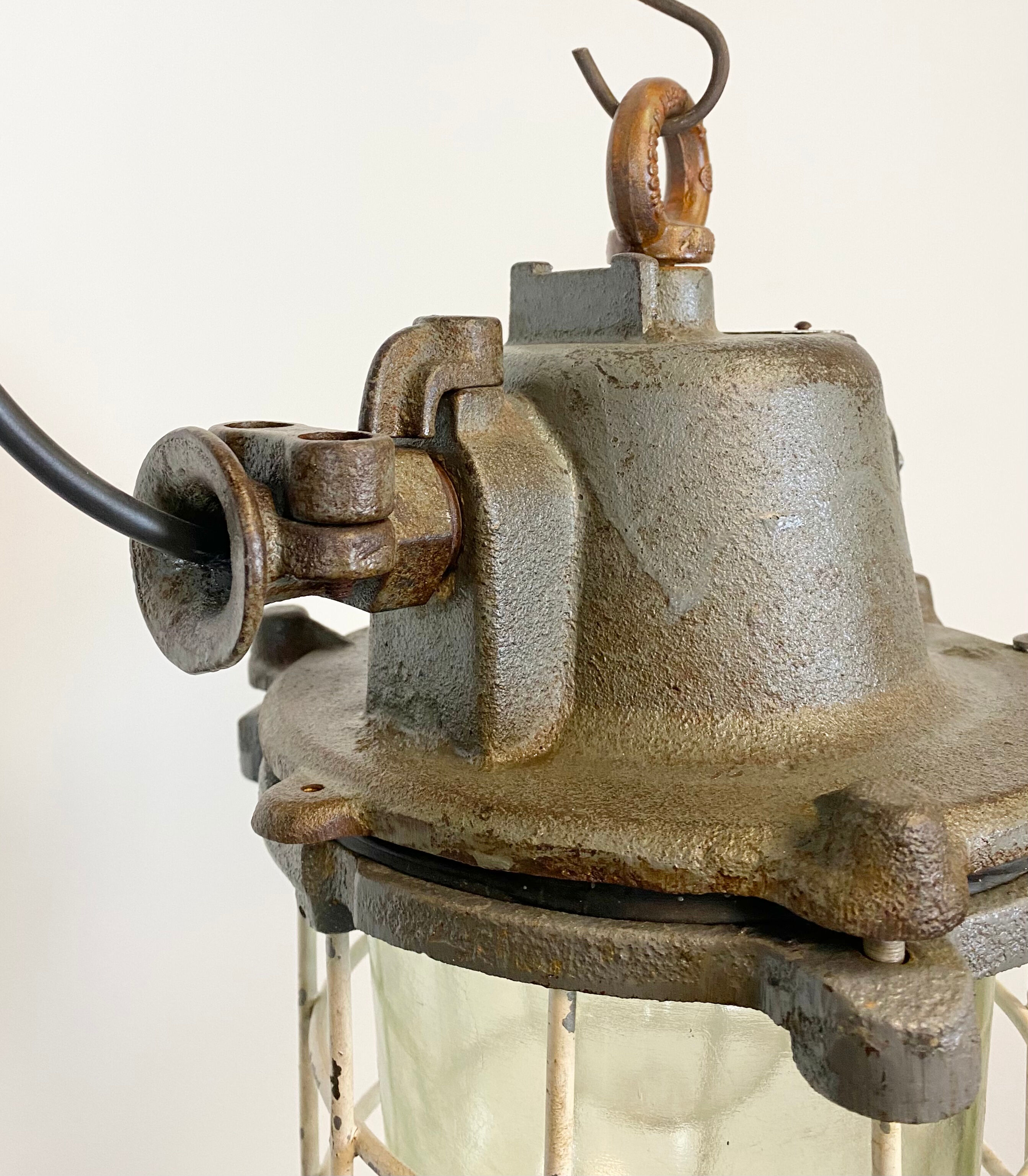 Grey cast iron industrial cage pendant light, 1970s