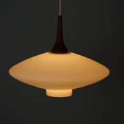 Danish Vintage UFO Lamp in Opal Glass and Teak 1960s