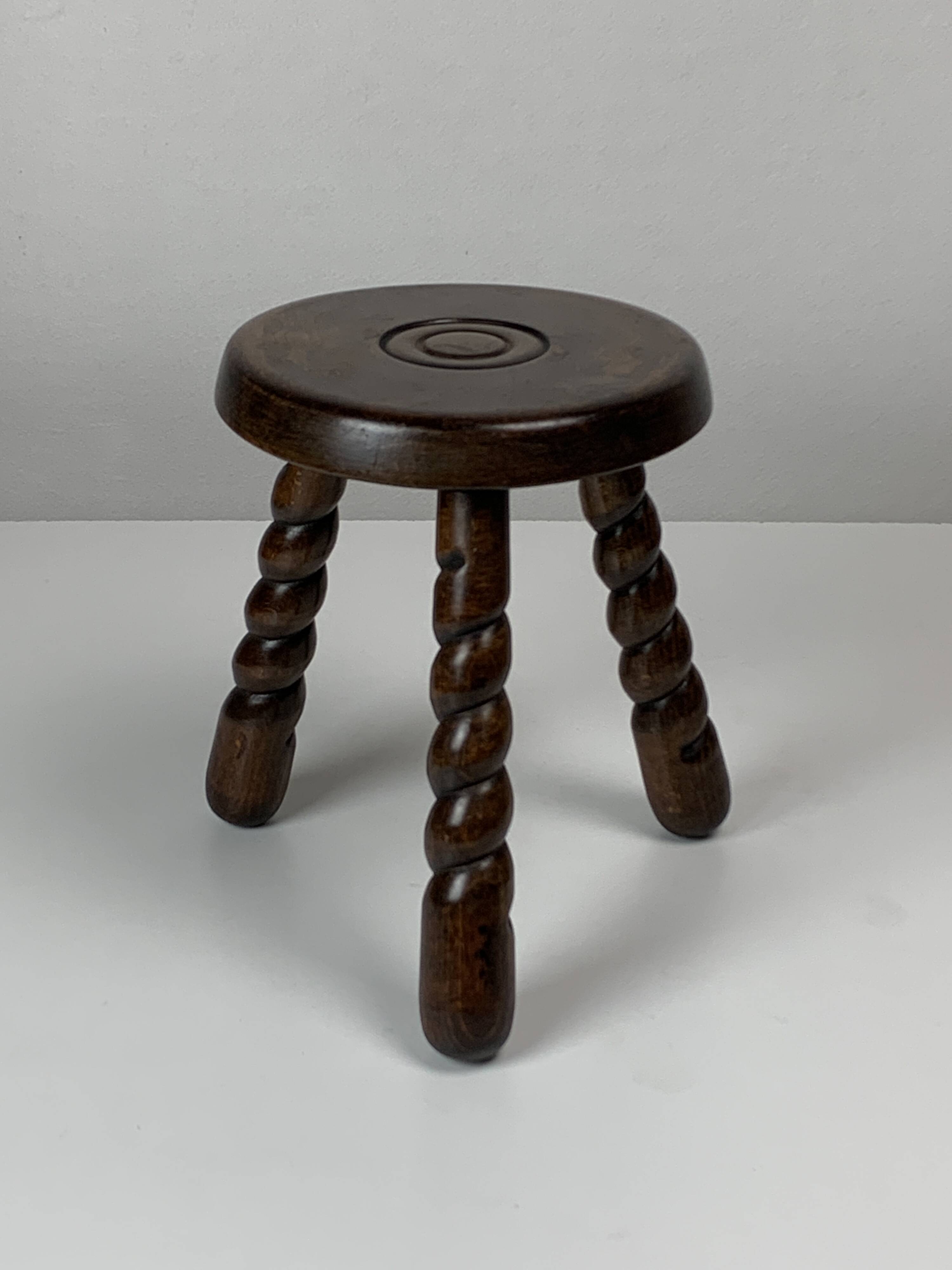 Pair of 2 midcentury brutalist modernist wood turned stools, ca 1950s