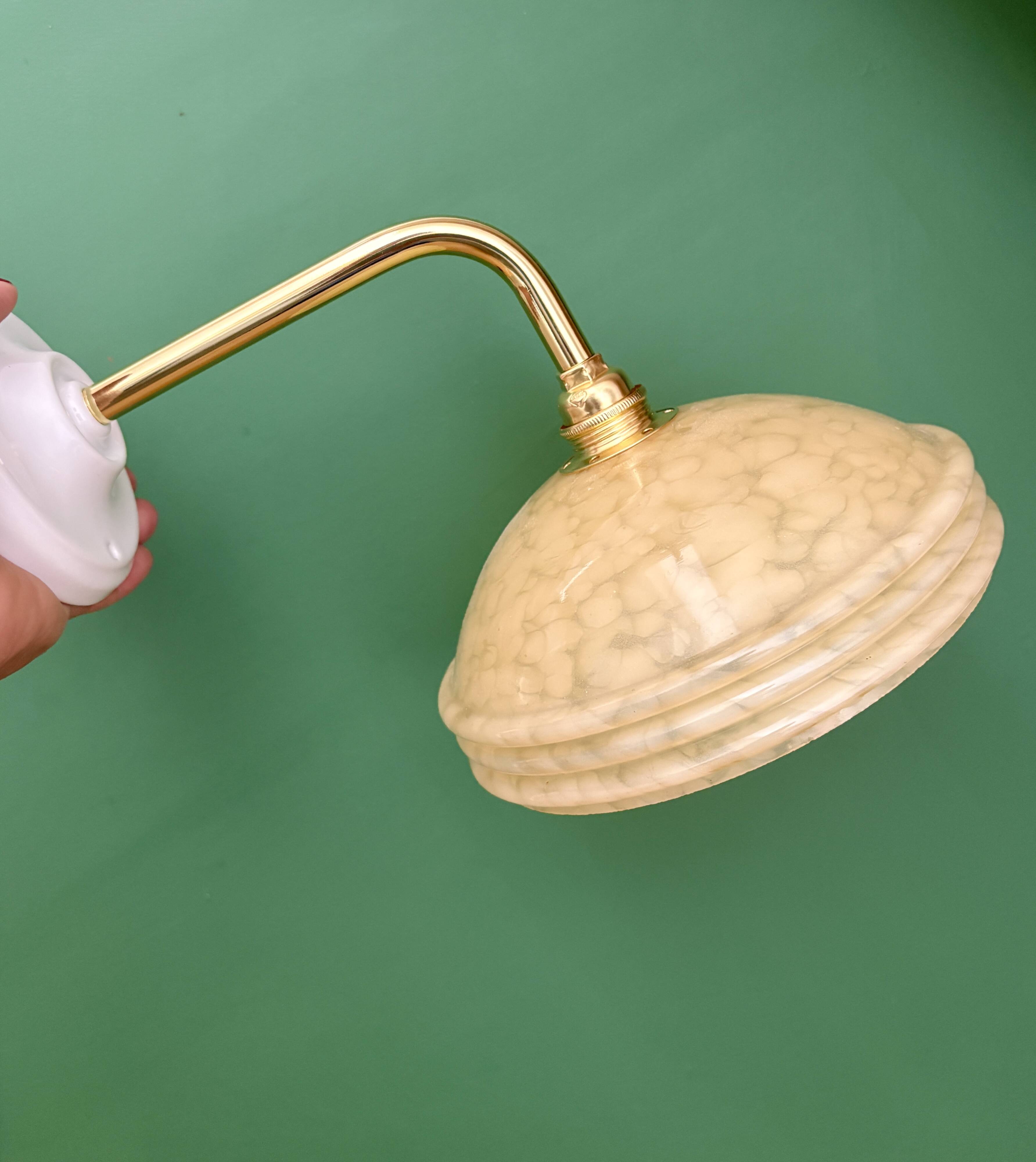 Vintage angled wall lamp with pale yellow Clichy glass shade