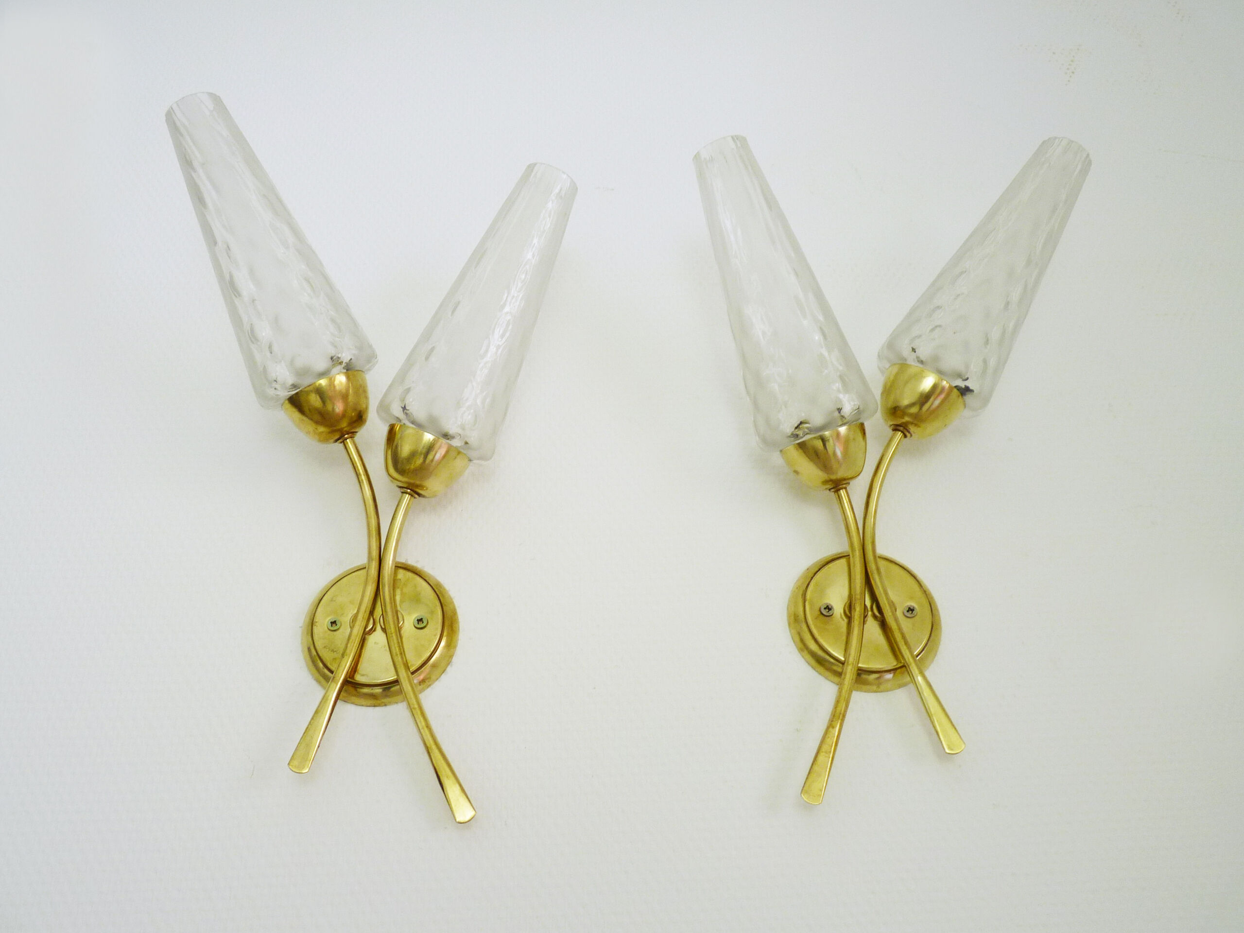 Pair of brass wall light double lights glass tubes. Year 50 60
