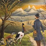 Tableau d'un personnage en chemin vers les montagnes accompagné d'animaux exotiques