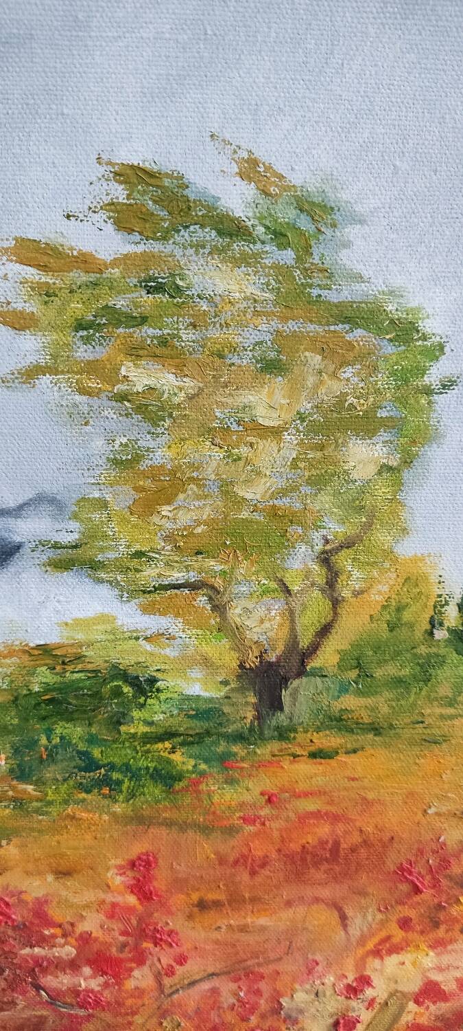 Textured autumn landscape painting – signed Jane – 70x50 cm