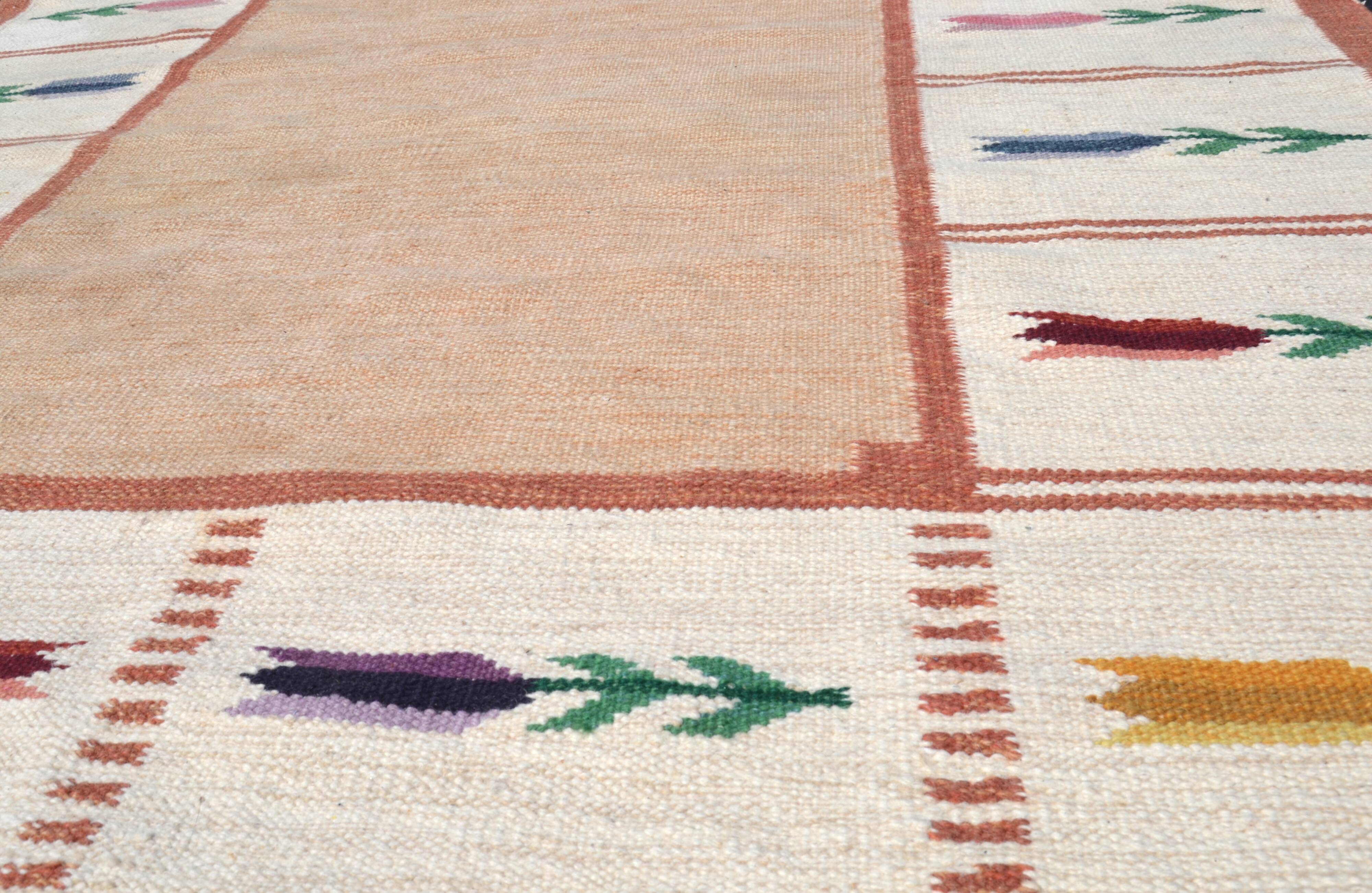 Vintage swedish flat weave Röllakan floral rug 1960s handmade, wool