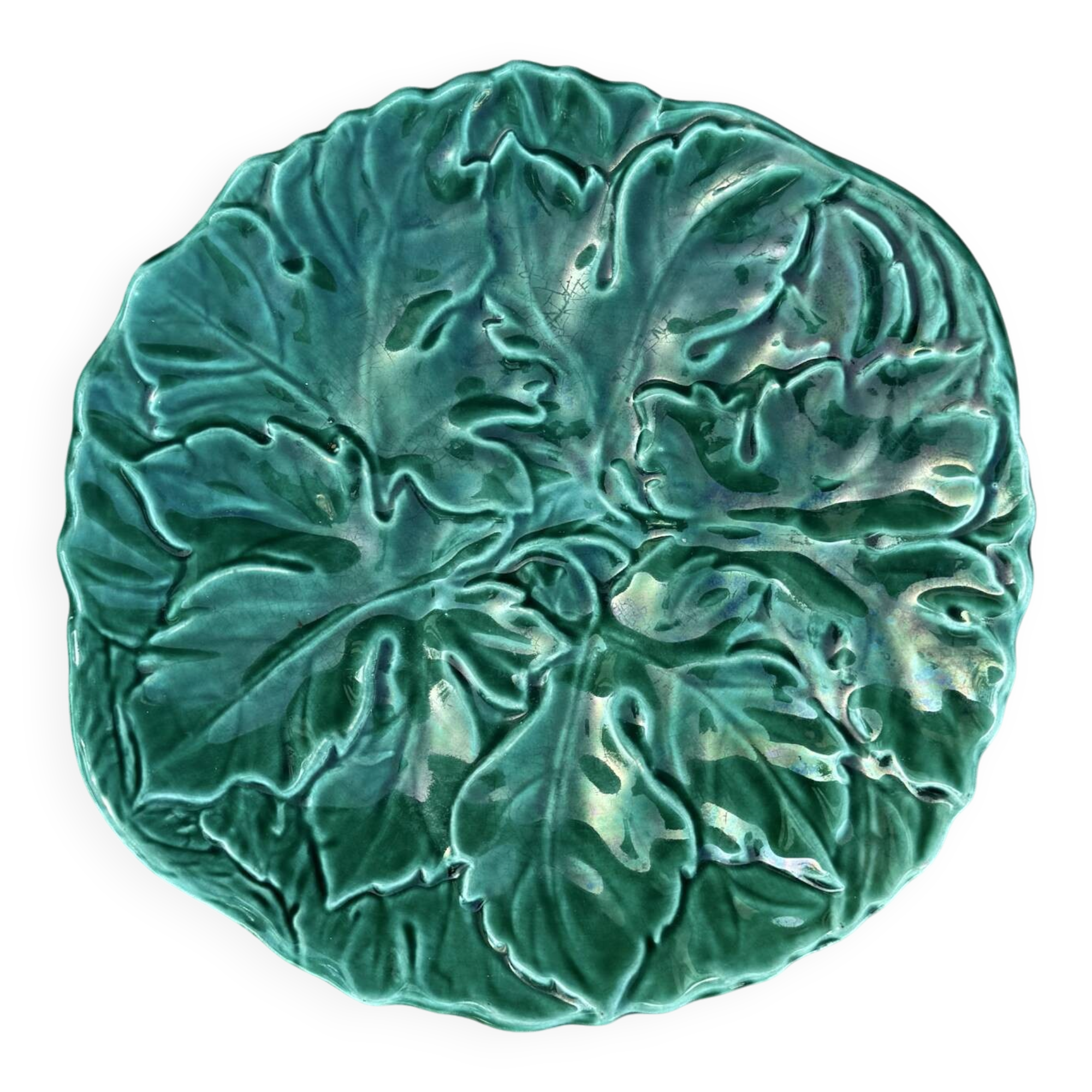 Majolica plate with vine leaves, old Digoin.