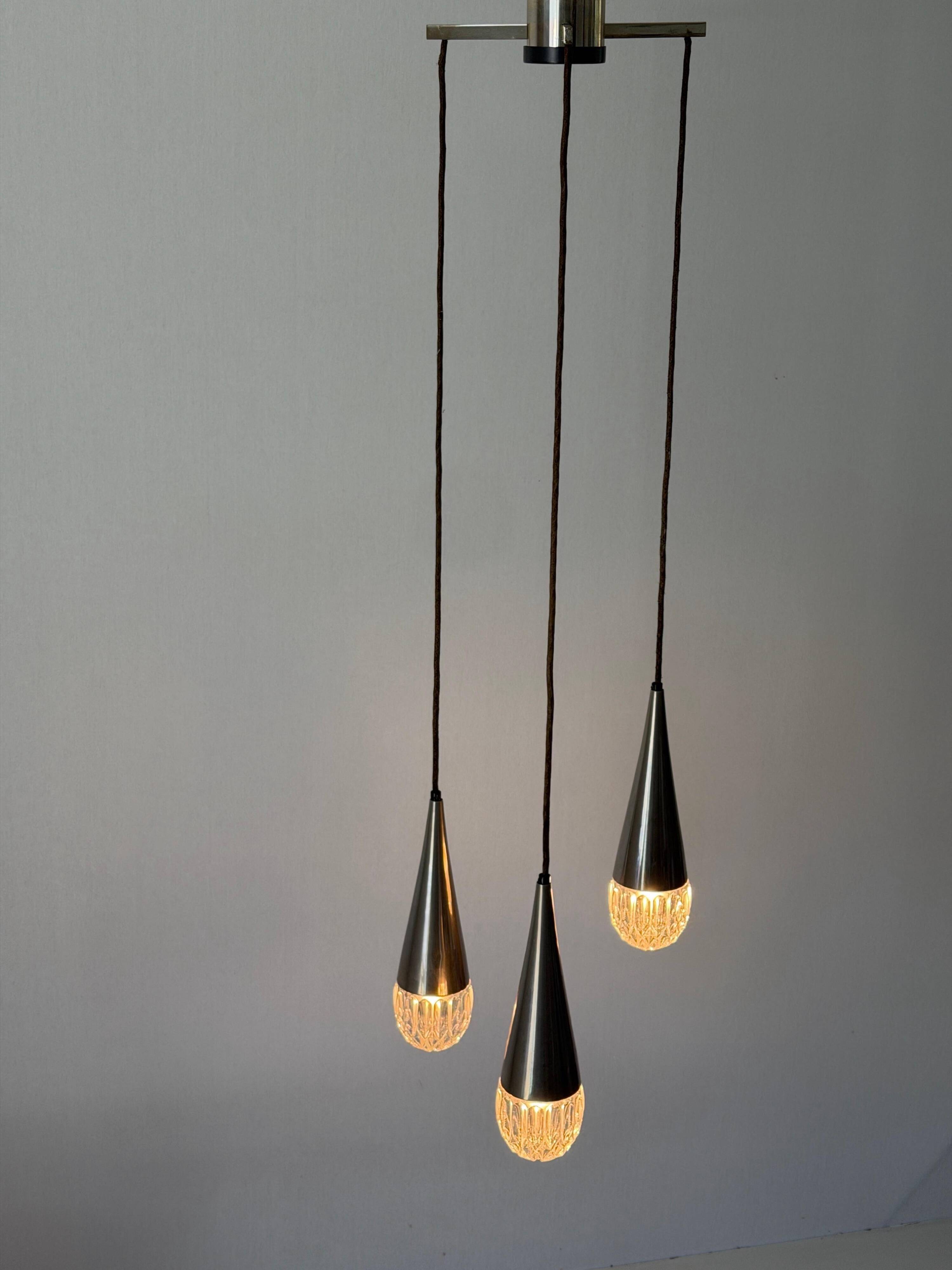 Suspended cascade lamp with 3 glass crystal shades and chrome, 1960s, Germany