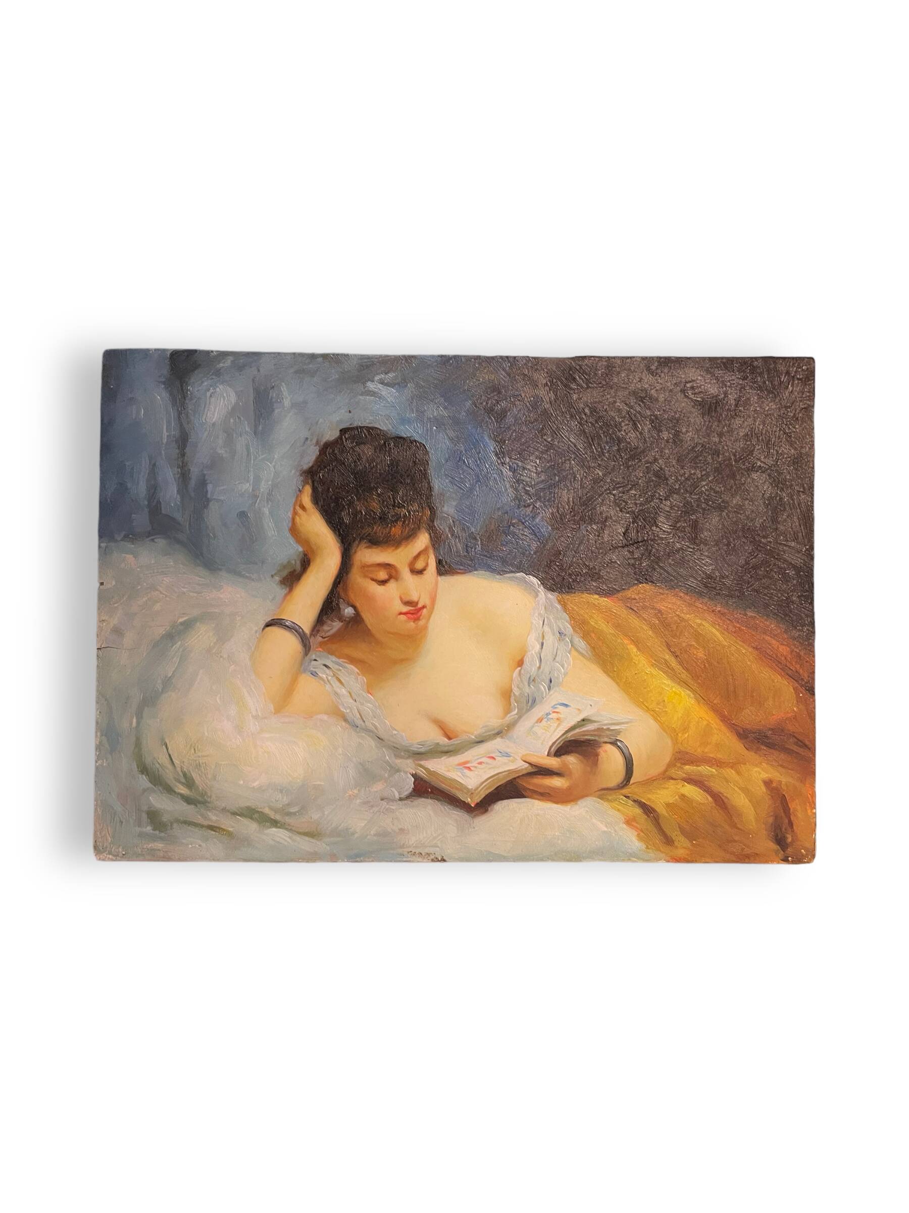 Young woman lying reading oil on panel