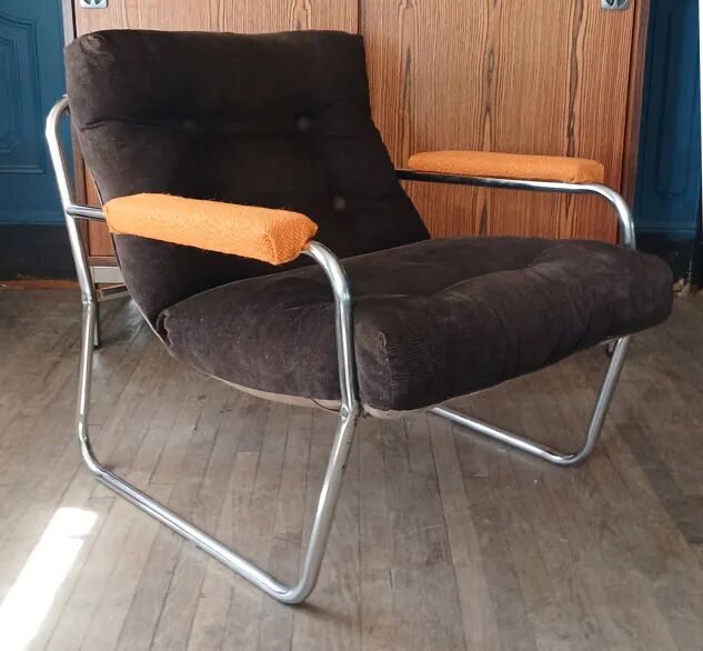 Fauteuil lounge style G.Lundgren pour Ikea, velours & tubes chromés 1970