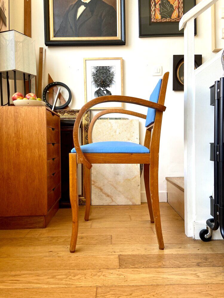 Bridge armchair in wood and blue skaï