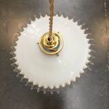 White opaline pendant lamp with transparent serrated edges