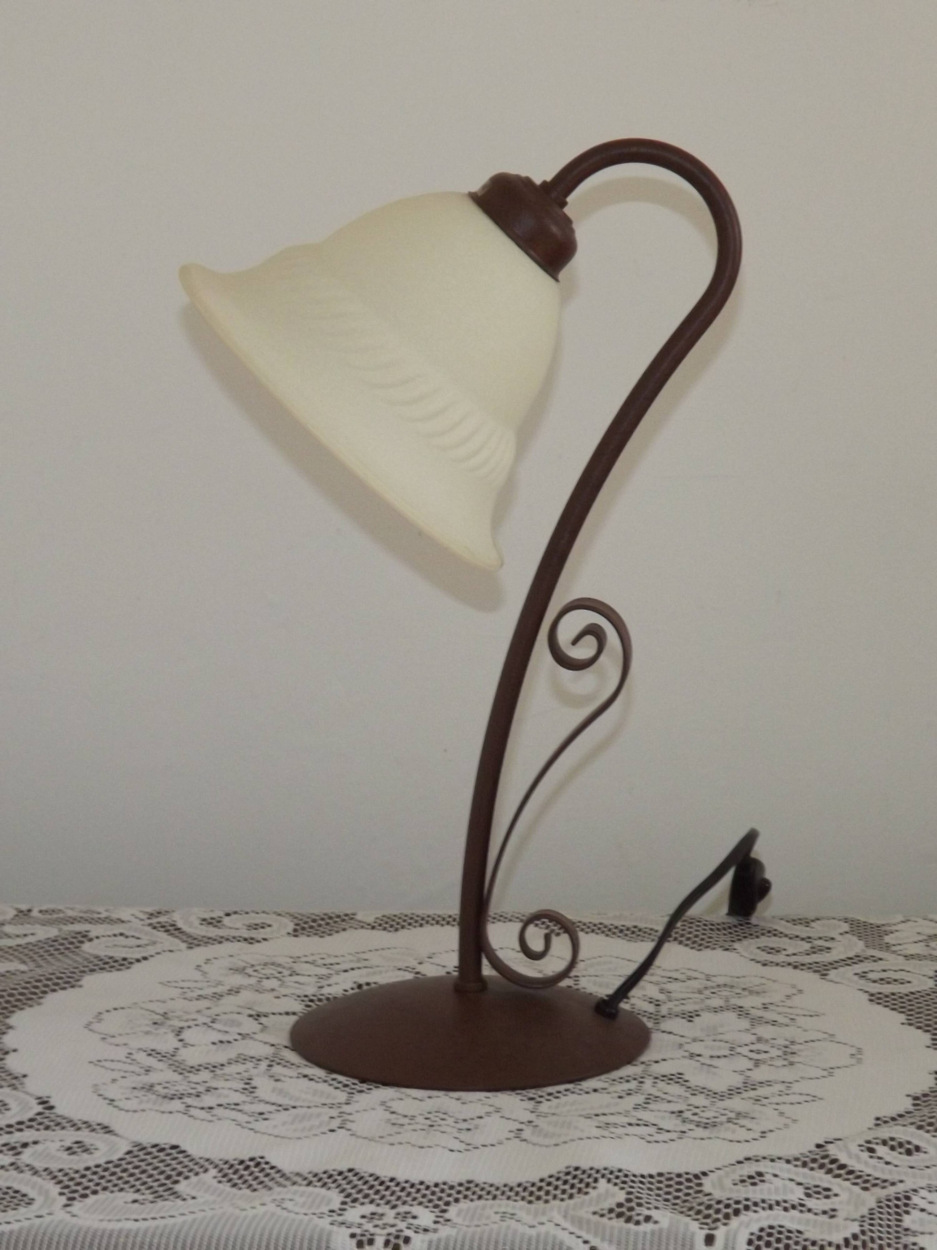 Vintage French Brown Metal Goose Neck Lamp With Textured Glass Shade