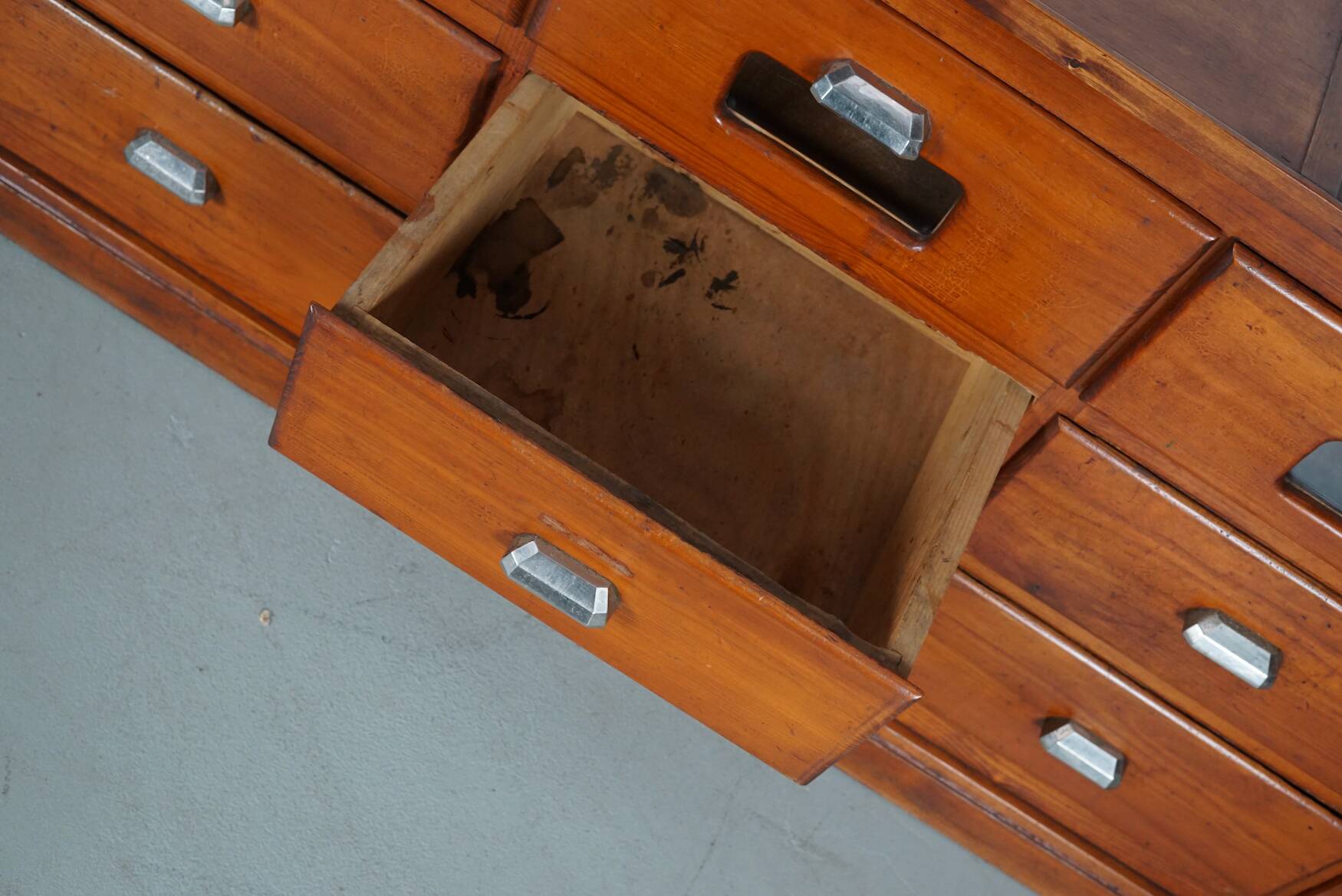 large vintage french oak haberdashery cabinet or shop counter, 1950s